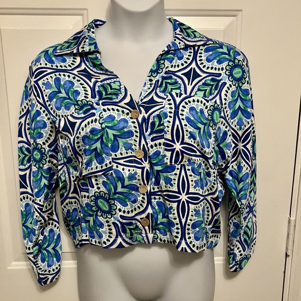 Haute Hippie Shirt Women's Medium Floral Button Up Bohemian Blue‎ Green